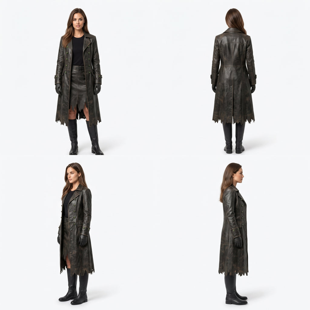 Distressed Leather Trench Coat for Women | Post-Apocalyptic Dark Fantasy Costume - Verlain London