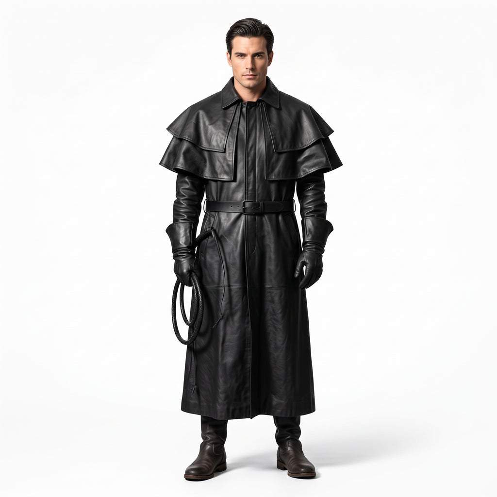 Black Leather Duster Coat for Men | Gothic Warrior Armor with Layered Cape Shoulders - Verlain London