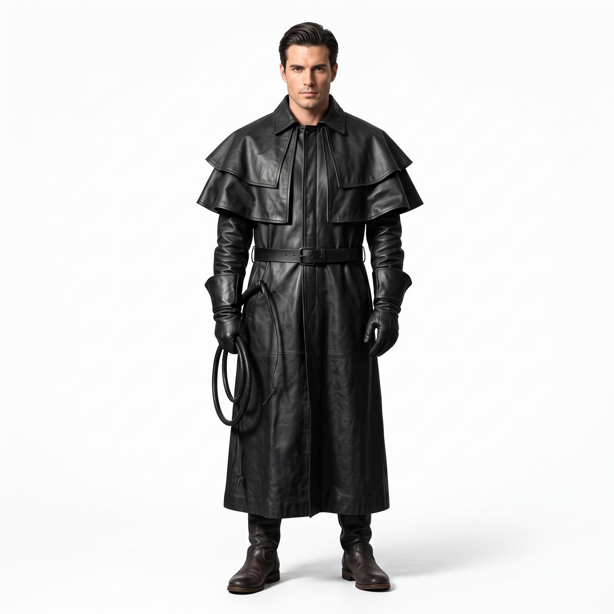 Black Leather Duster Coat for Men | Gothic Warrior Armor with Layered Cape Shoulders - Verlain London