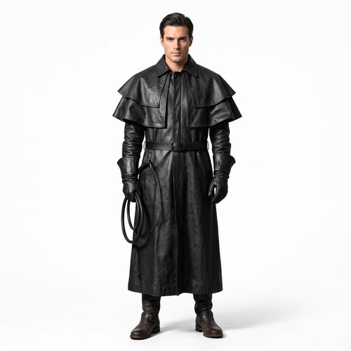 Black Leather Duster Coat for Men | Gothic Warrior Armor with Layered Cape Shoulders - Verlain London
