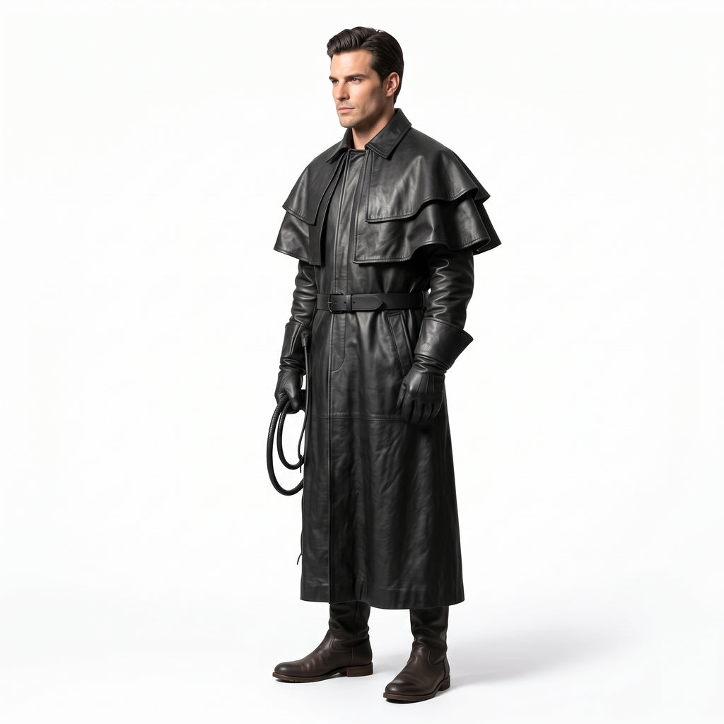 Black Leather Duster Coat for Men | Gothic Warrior Armor with Layered Cape Shoulders - Verlain London