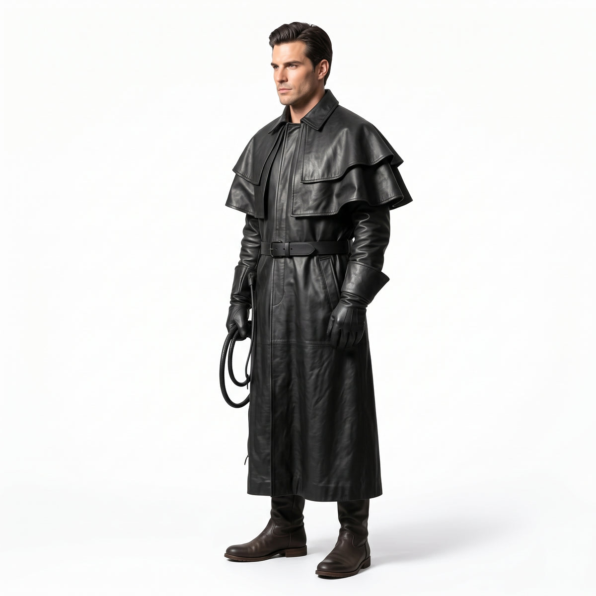 Black Leather Duster Coat for Men | Gothic Warrior Armor with Layered Cape Shoulders - Verlain London