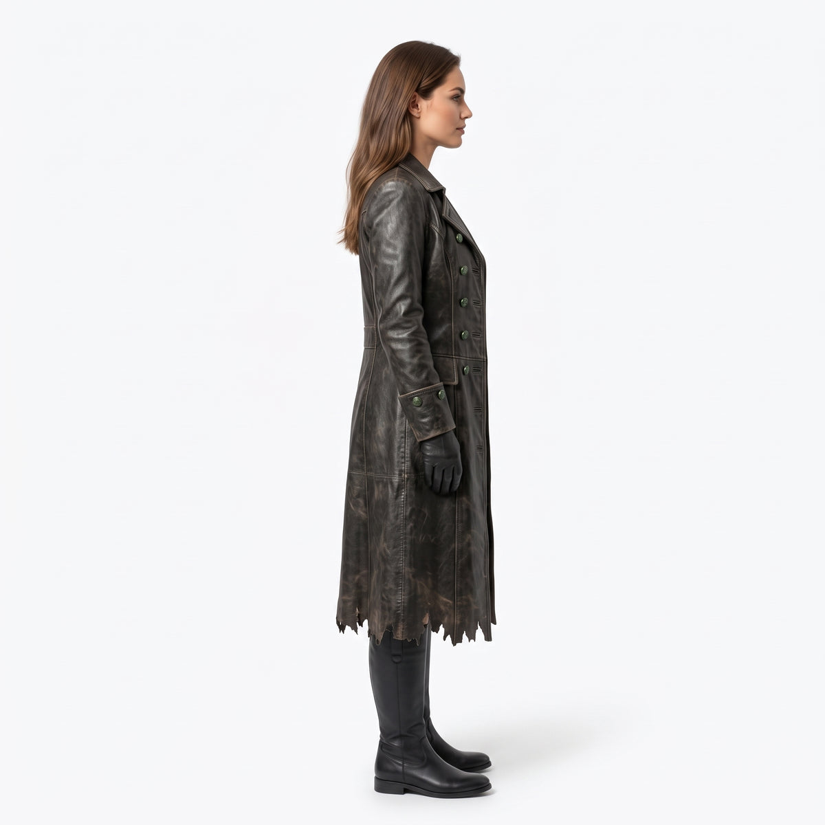 Distressed Leather Trench Coat for Women | Post-Apocalyptic Dark Fantasy Costume - Verlain London