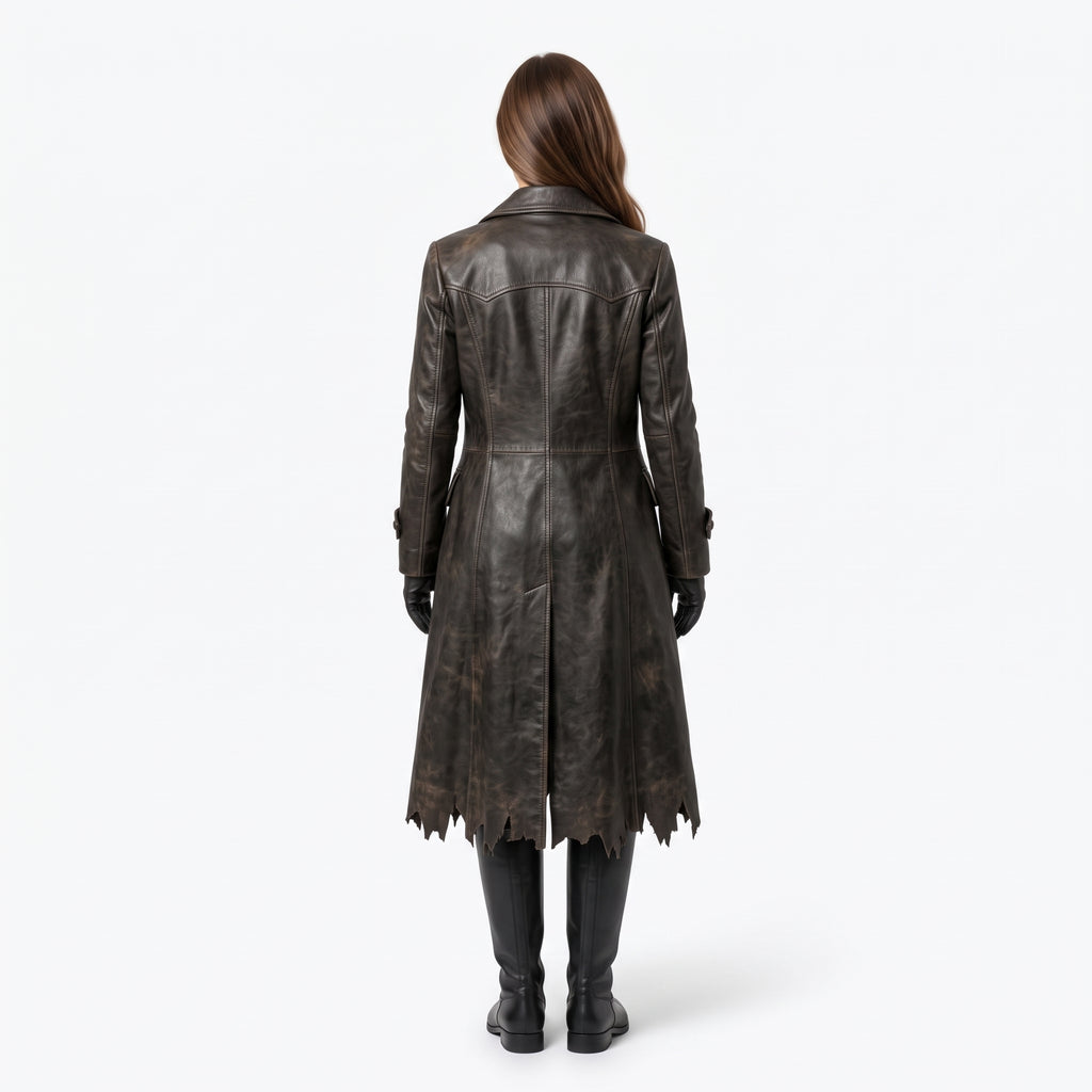 Distressed Leather Trench Coat for Women | Post-Apocalyptic Dark Fantasy Costume - Verlain London