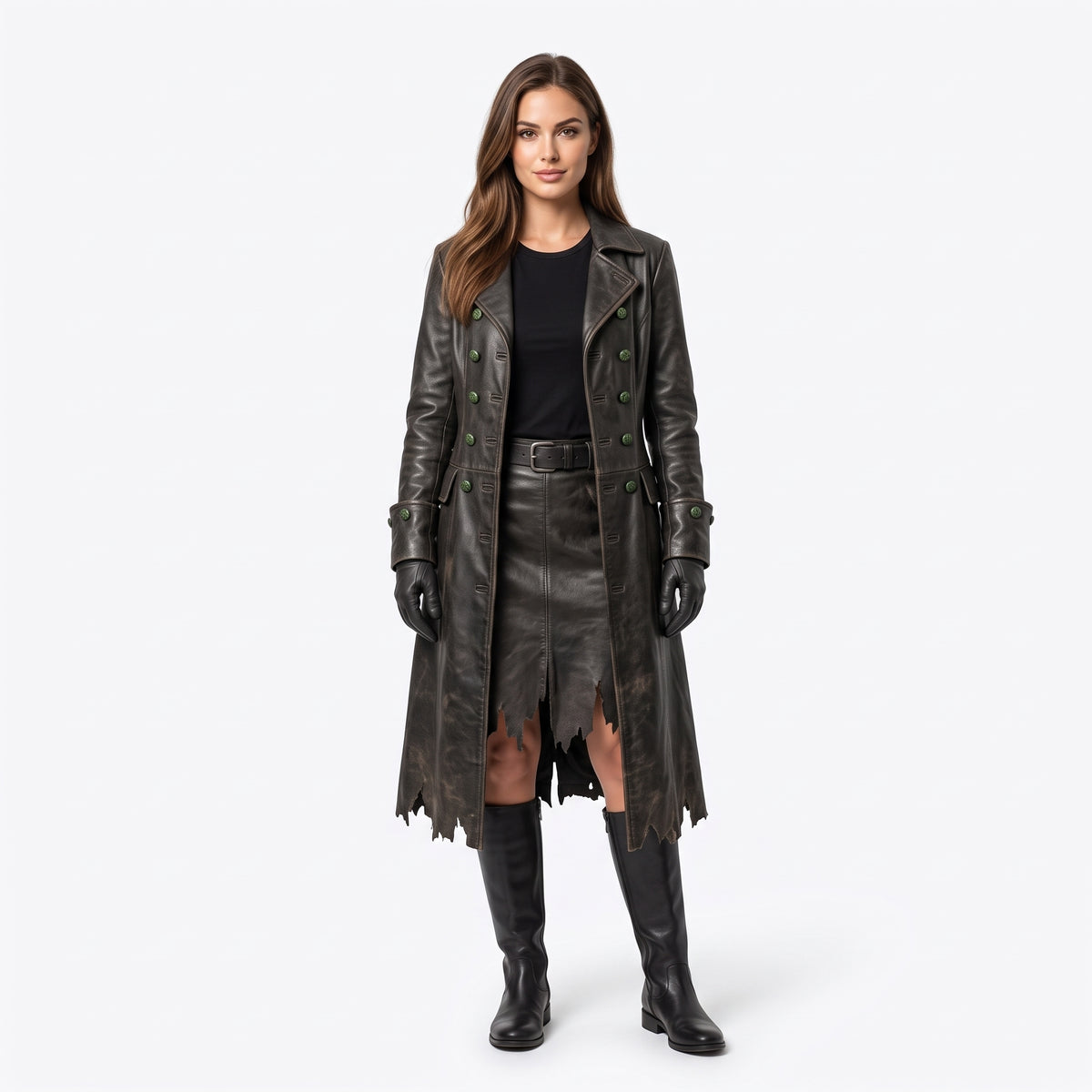Distressed Leather Trench Coat for Women | Post-Apocalyptic Dark Fantasy Costume - Verlain London