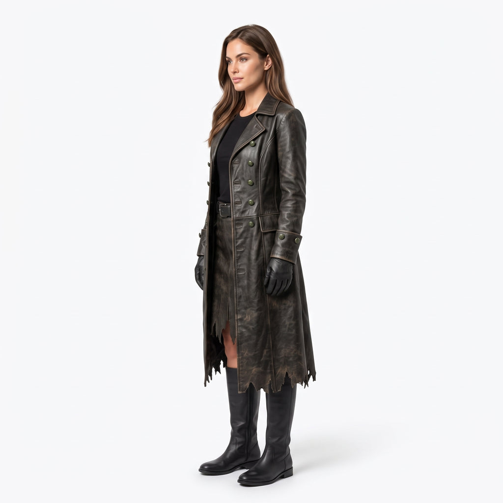 Distressed Leather Trench Coat for Women | Post-Apocalyptic Dark Fantasy Costume - Verlain London