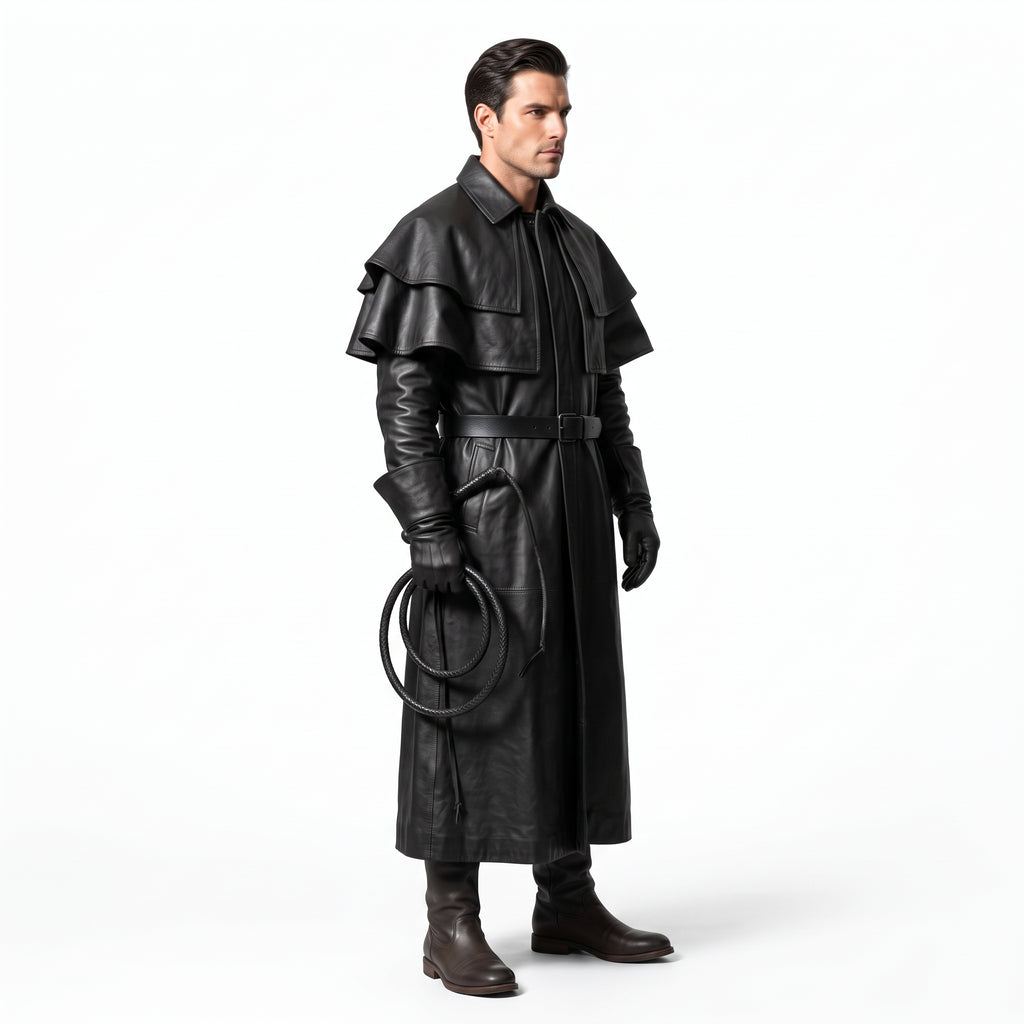 Black Leather Duster Coat for Men | Gothic Warrior Armor with Layered Cape Shoulders - Verlain London