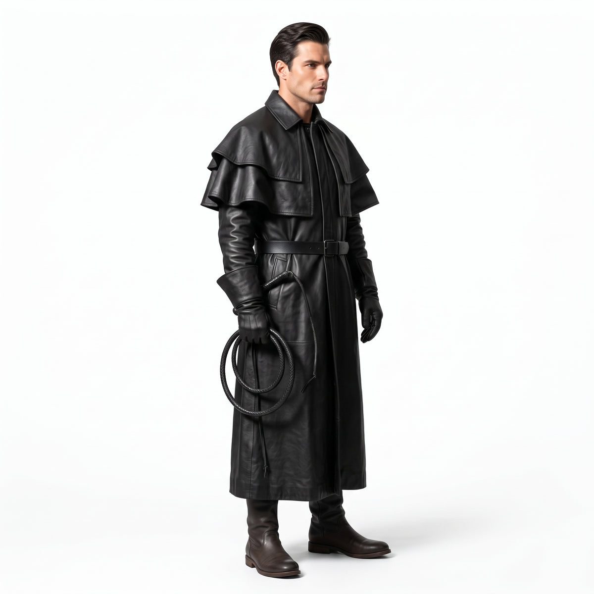 Black Leather Duster Coat for Men | Gothic Warrior Armor with Layered Cape Shoulders - Verlain London
