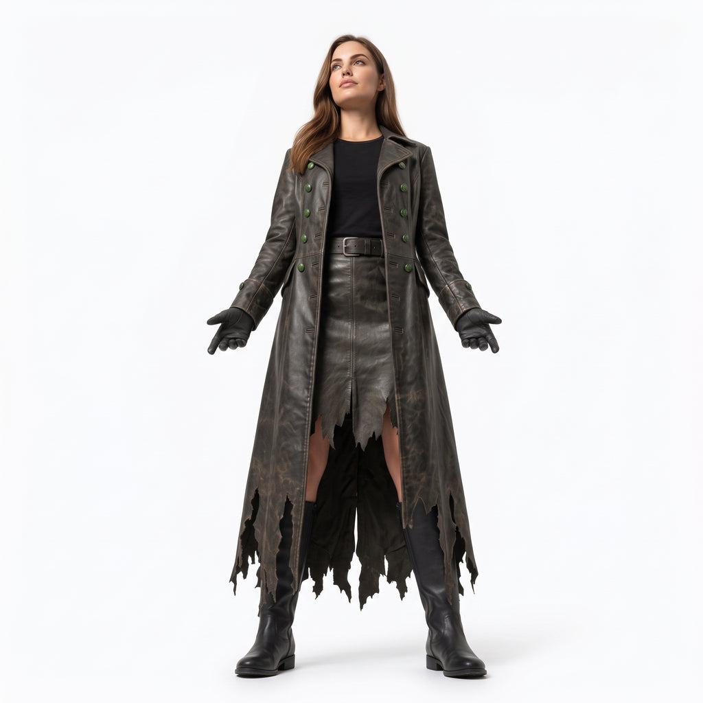 Distressed Leather Trench Coat for Women | Post-Apocalyptic Dark Fantasy Costume - Verlain London
