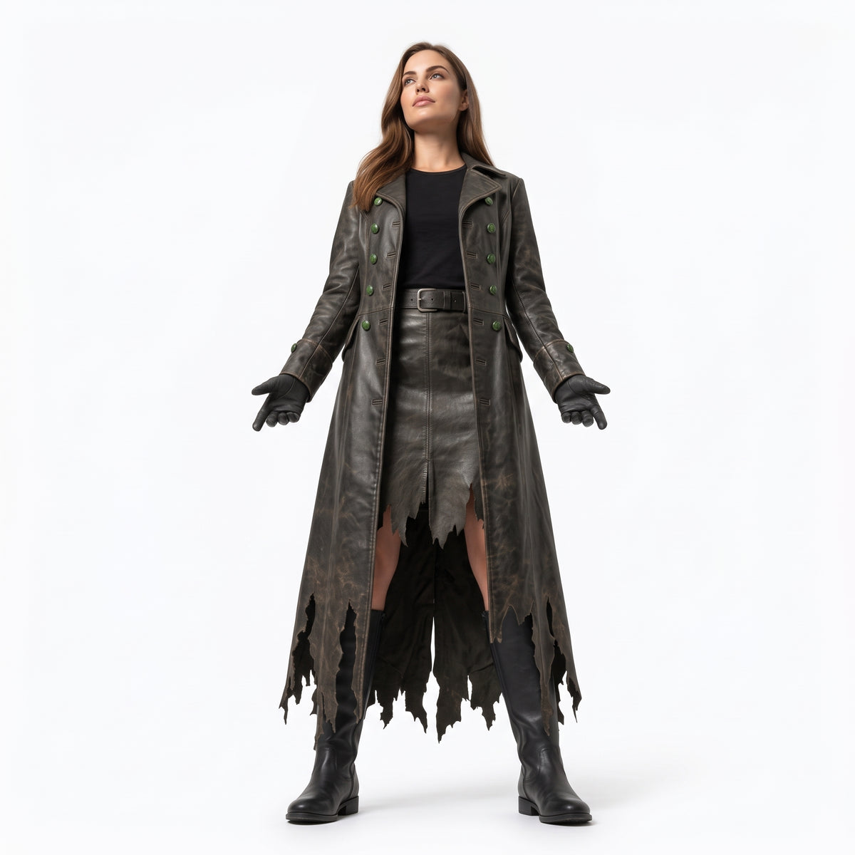 Distressed Leather Trench Coat for Women | Post-Apocalyptic Dark Fantasy Costume - Verlain London