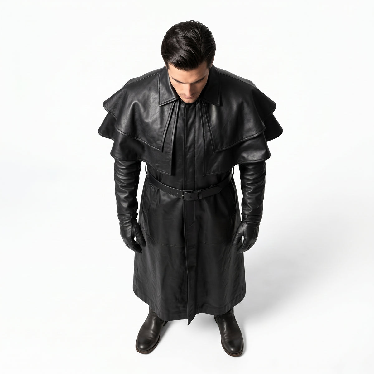 Black Leather Duster Coat for Men | Gothic Warrior Armor with Layered Cape Shoulders - Verlain London
