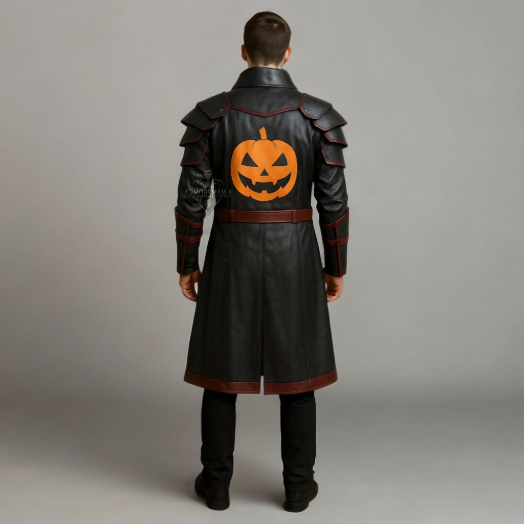 Pumpkin Print Leather Armor Trench Coat – Black Gothic Halloween Coat - Verlain London