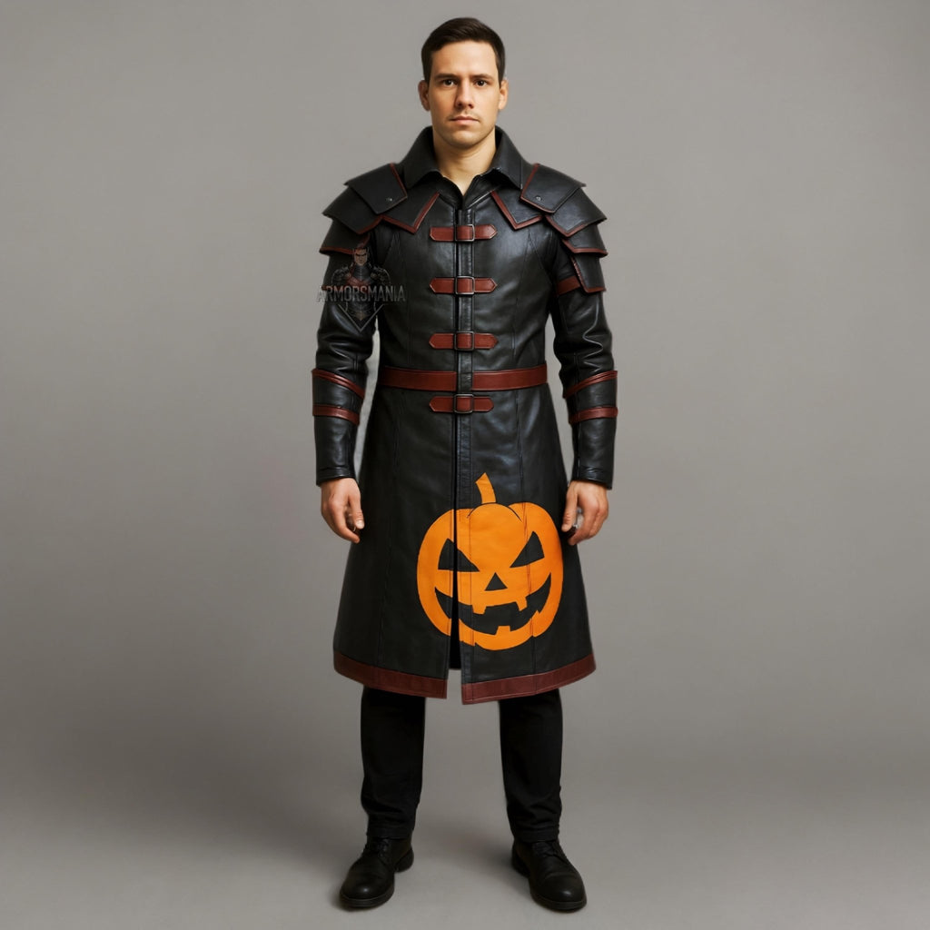 Pumpkin Print Leather Armor Trench Coat – Black Gothic Halloween Coat - Verlain London