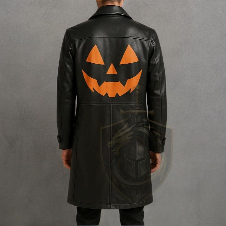 Men's Halloween Pumpkin Leather Trench Coat – Black Gothic Long Coat - Verlain London