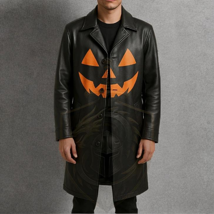 Men's Halloween Pumpkin Leather Trench Coat – Black Gothic Long Coat - Verlain London