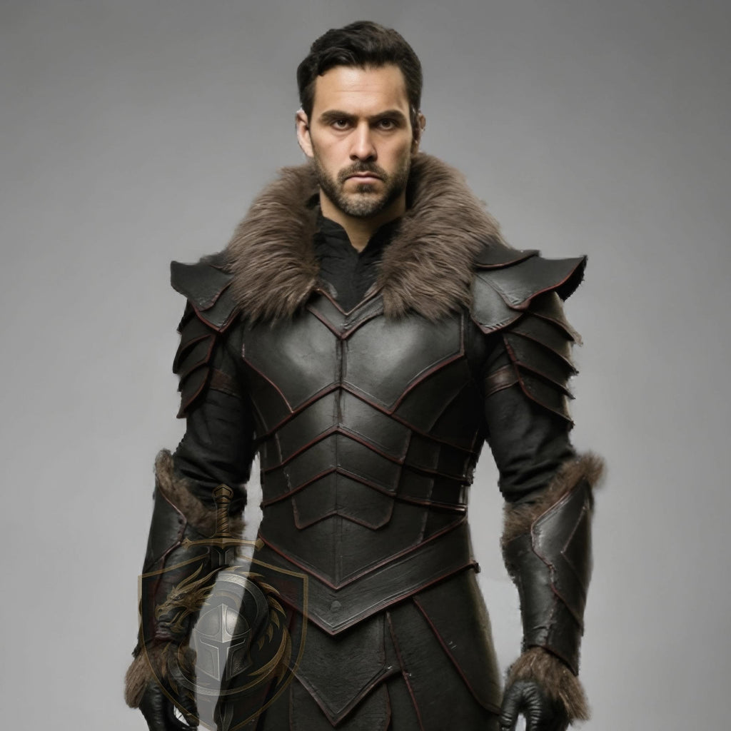 Dark Medieval Knight Leather Armor with Fur Trim – LARP Warrior Costume - Verlain London