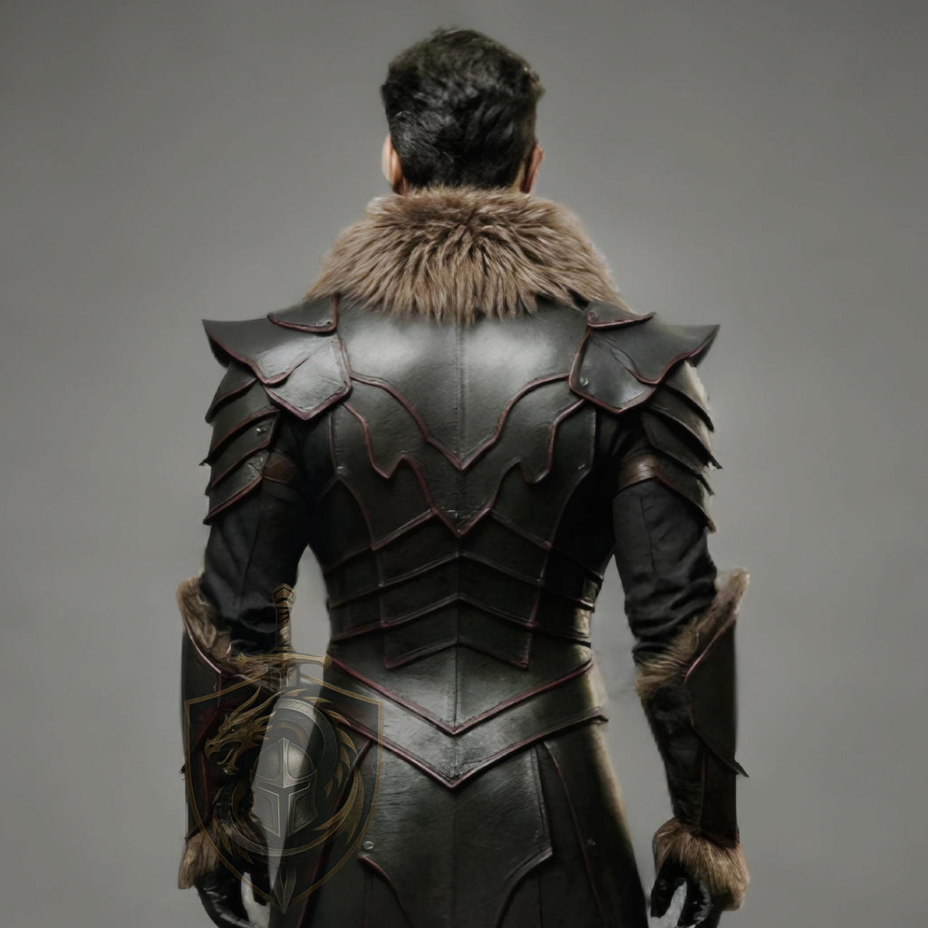 Dark Medieval Knight Leather Armor with Fur Trim – LARP Warrior Costume - Verlain London