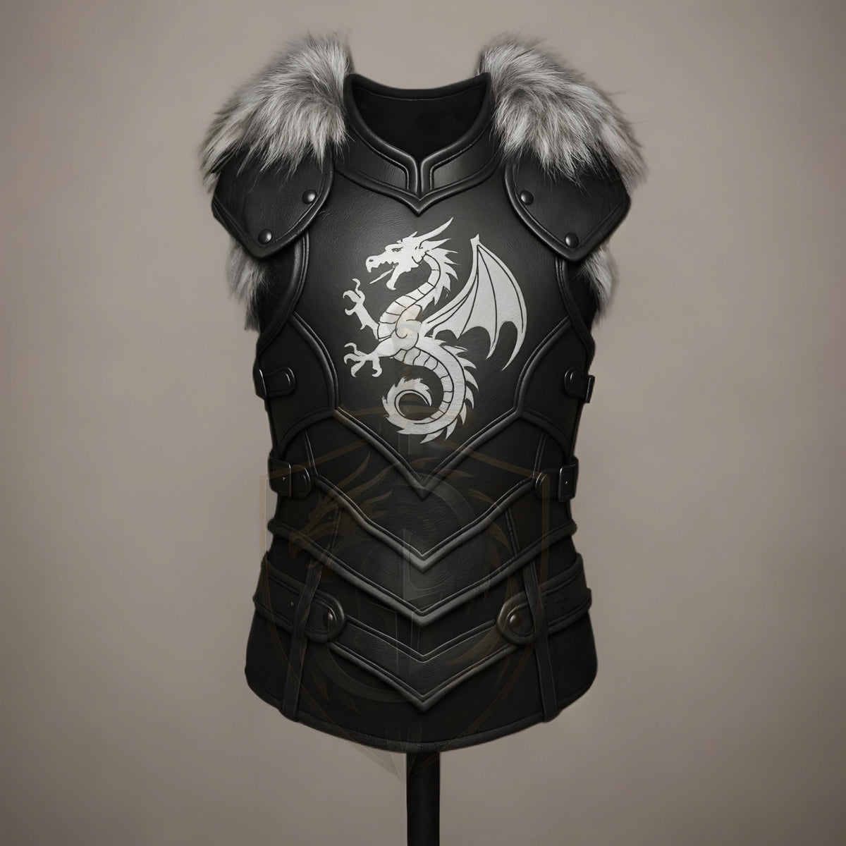 Medieval Black Leather Dragon Chest Armor with Fur S