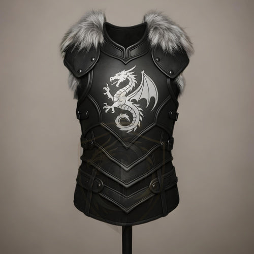Medieval Black Leather Dragon Chest Armor with Fur S