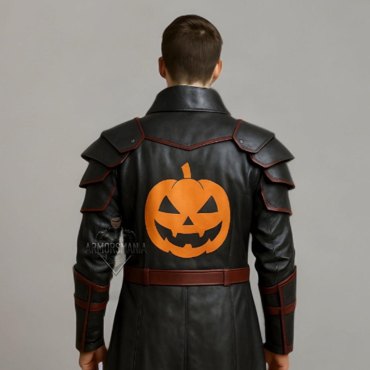 Pumpkin Print Leather Armor Trench Coat – Black Gothic Halloween Coat - Verlain London