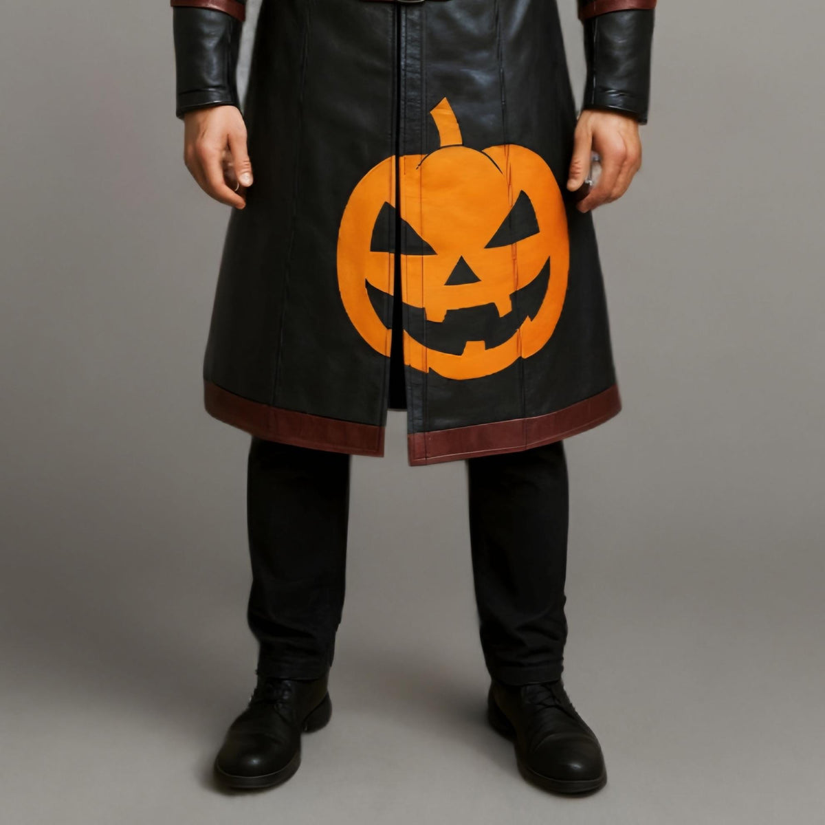 Pumpkin Print Leather Armor Trench Coat – Black Gothic Halloween Coat - Verlain London