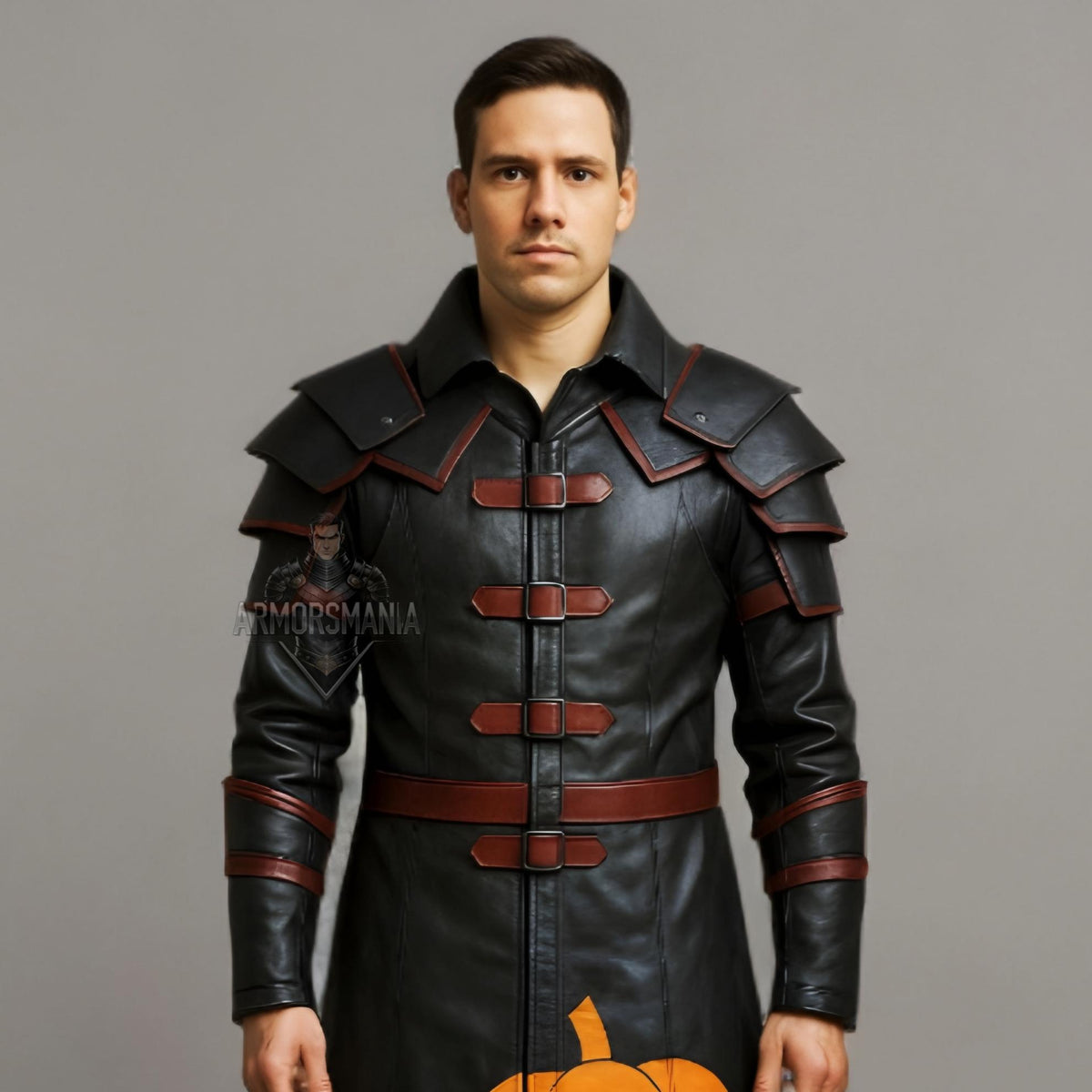 Pumpkin Print Leather Armor Trench Coat – Black Gothic Halloween Coat - Verlain London