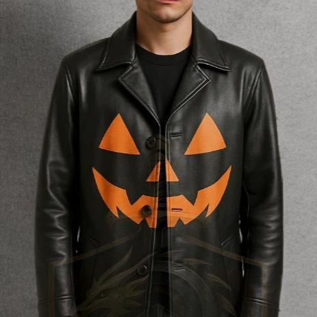 Men's Halloween Pumpkin Leather Trench Coat – Black Gothic Long Coat - Verlain London