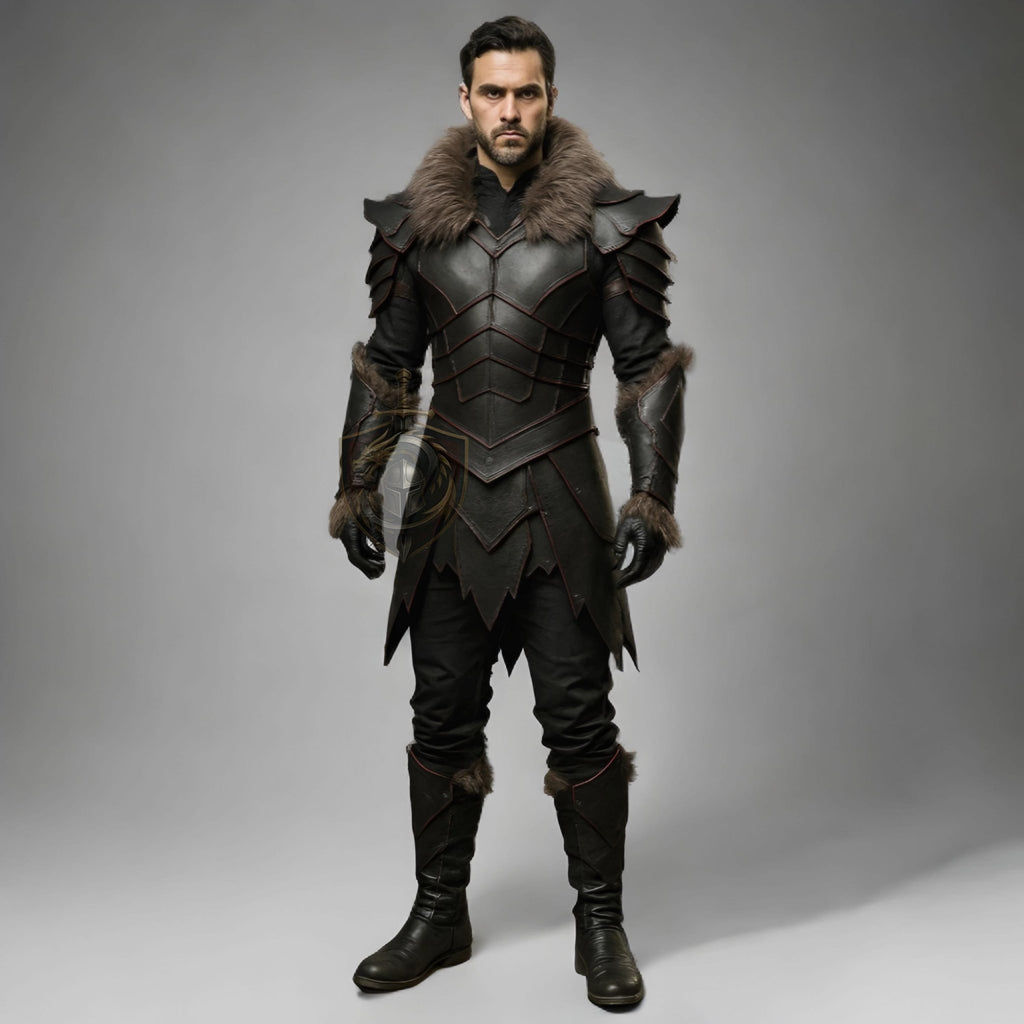 Dark Medieval Knight Leather Armor with Fur Trim – LARP Warrior Costume - Verlain London