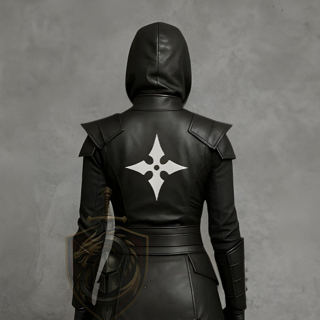 Women's Black Ninja Assassin Leather Costume – Hooded Shuriken Cosplay Armor - Verlain London