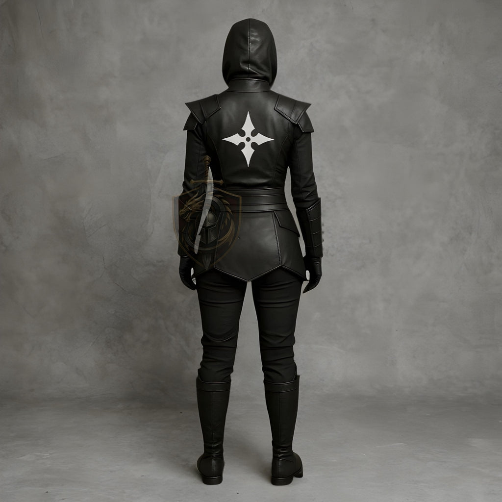 Women's Black Ninja Assassin Leather Costume – Hooded Shuriken Cosplay Armor - Verlain London