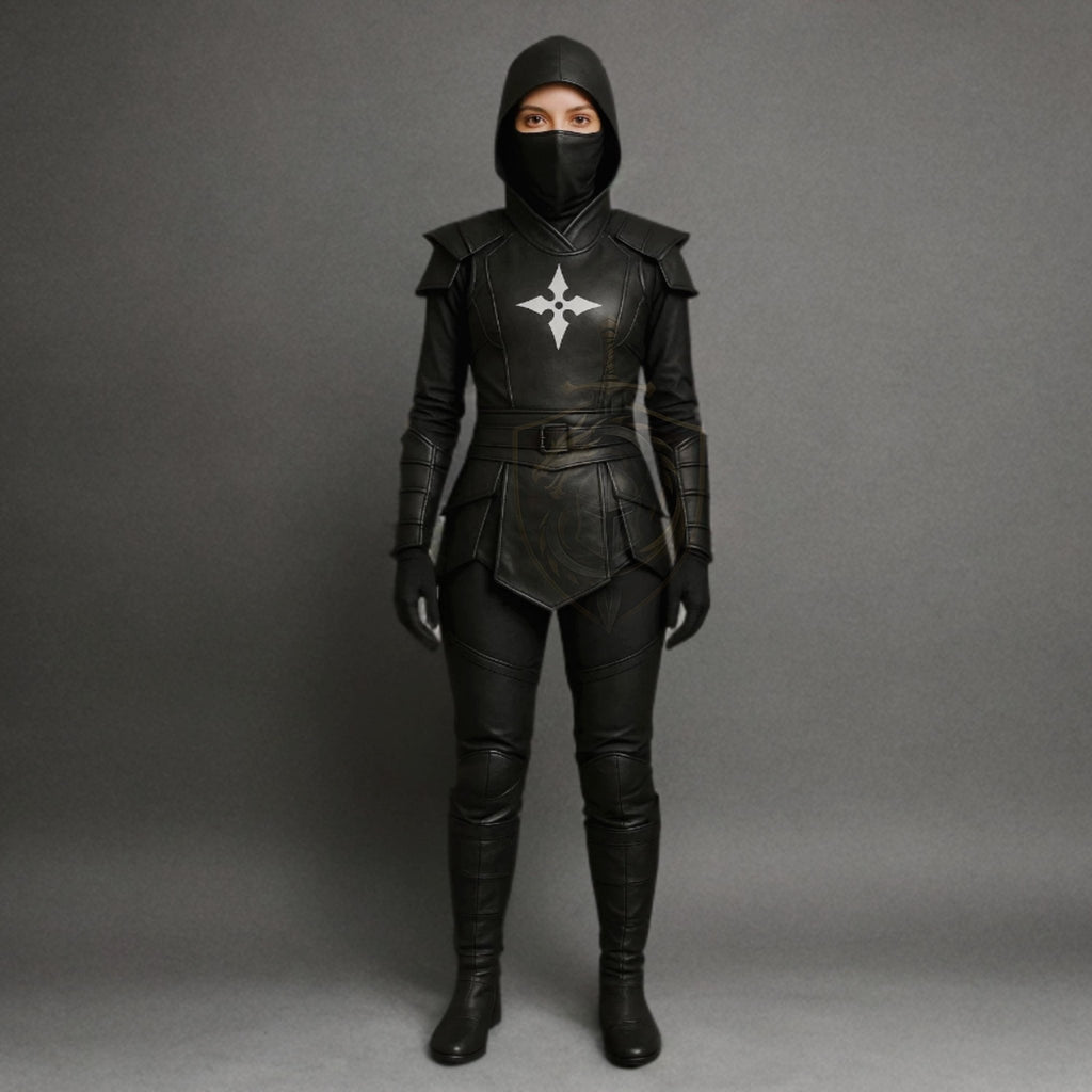Women's Black Ninja Assassin Leather Costume – Hooded Shuriken Cosplay Armor - Verlain London