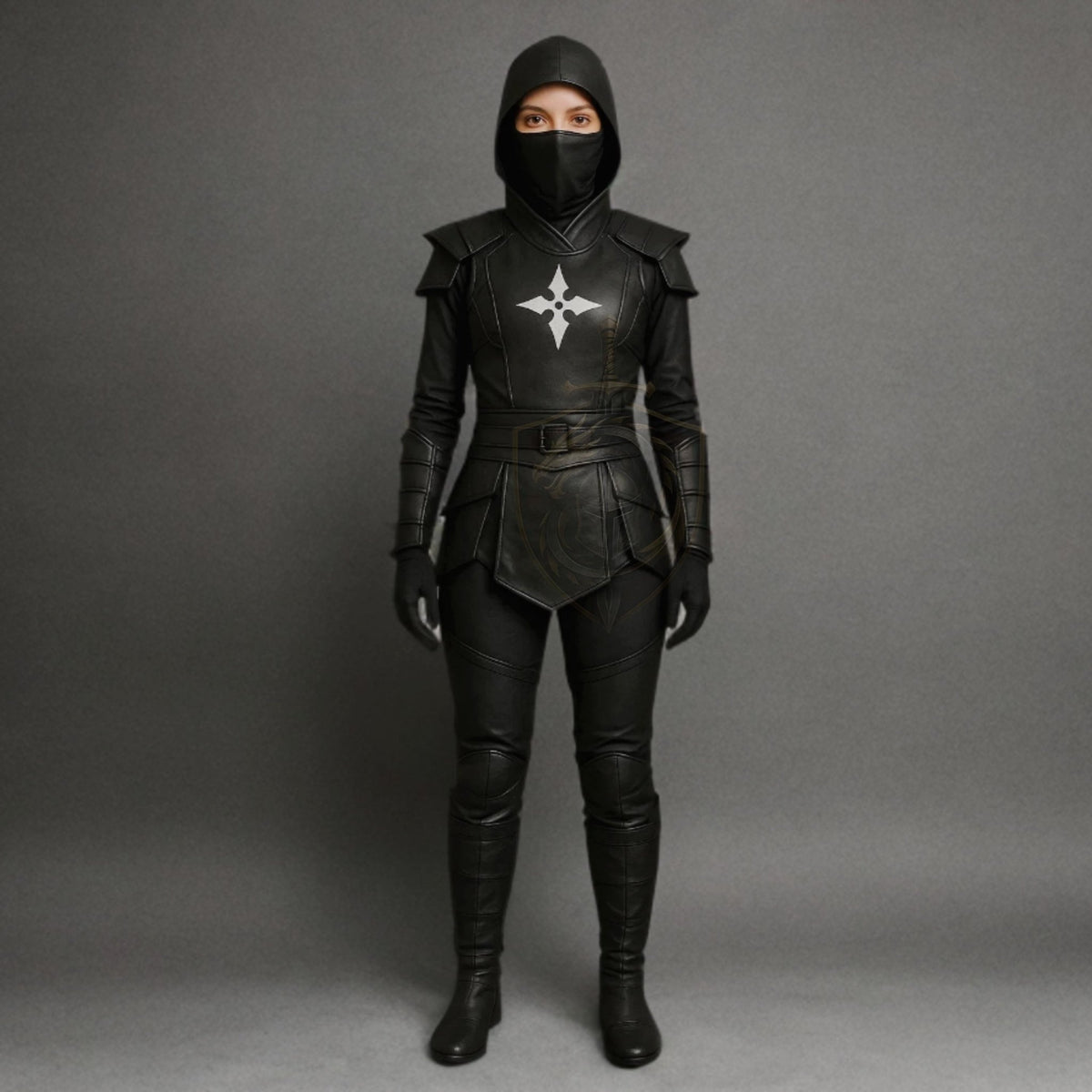 Women's Black Ninja Assassin Leather Costume – Hooded Shuriken Cosplay Armor - Verlain London