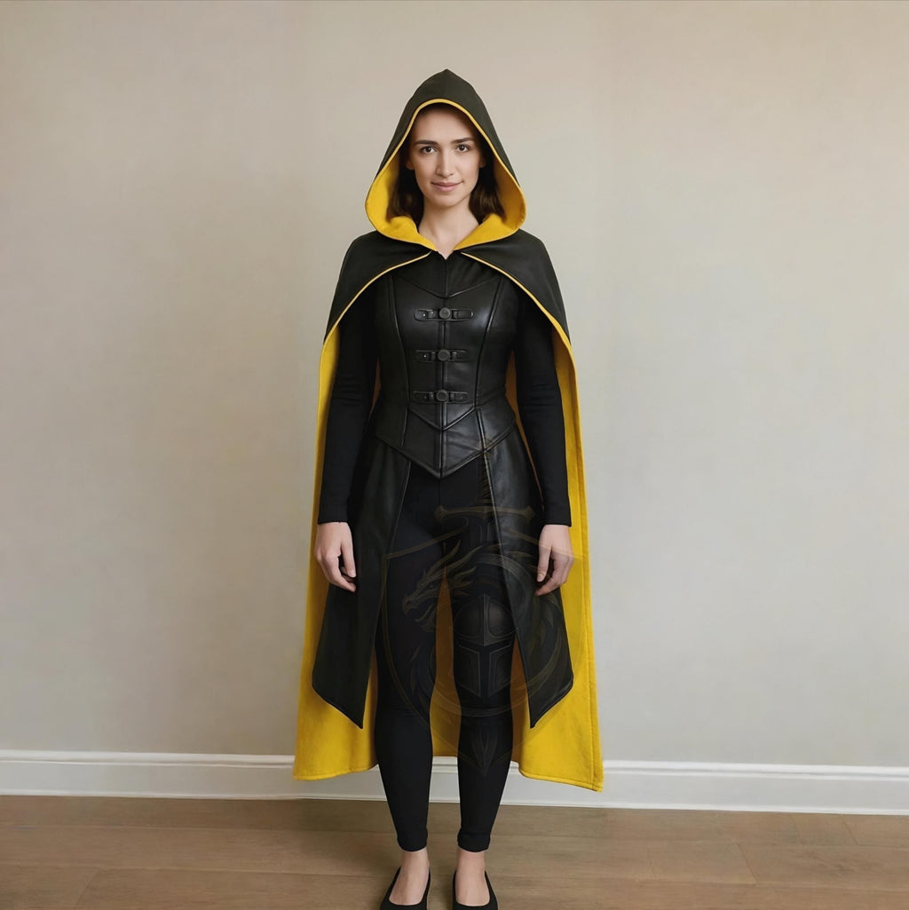 Women's Black & Yellow Hooded Cape – Gothic Fantasy Warrior Cosplay Cloak - Verlain London