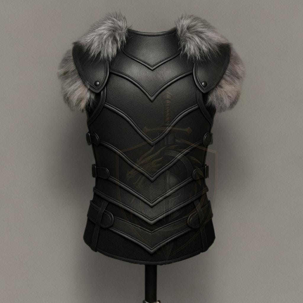 Medieval Black Leather Dragon Chest Armor with Fur S