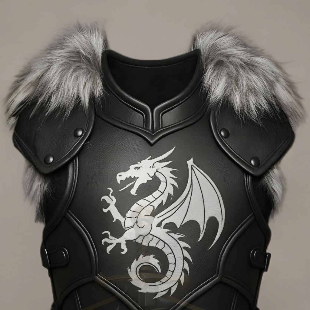 Medieval Black Leather Dragon Chest Armor with Fur S