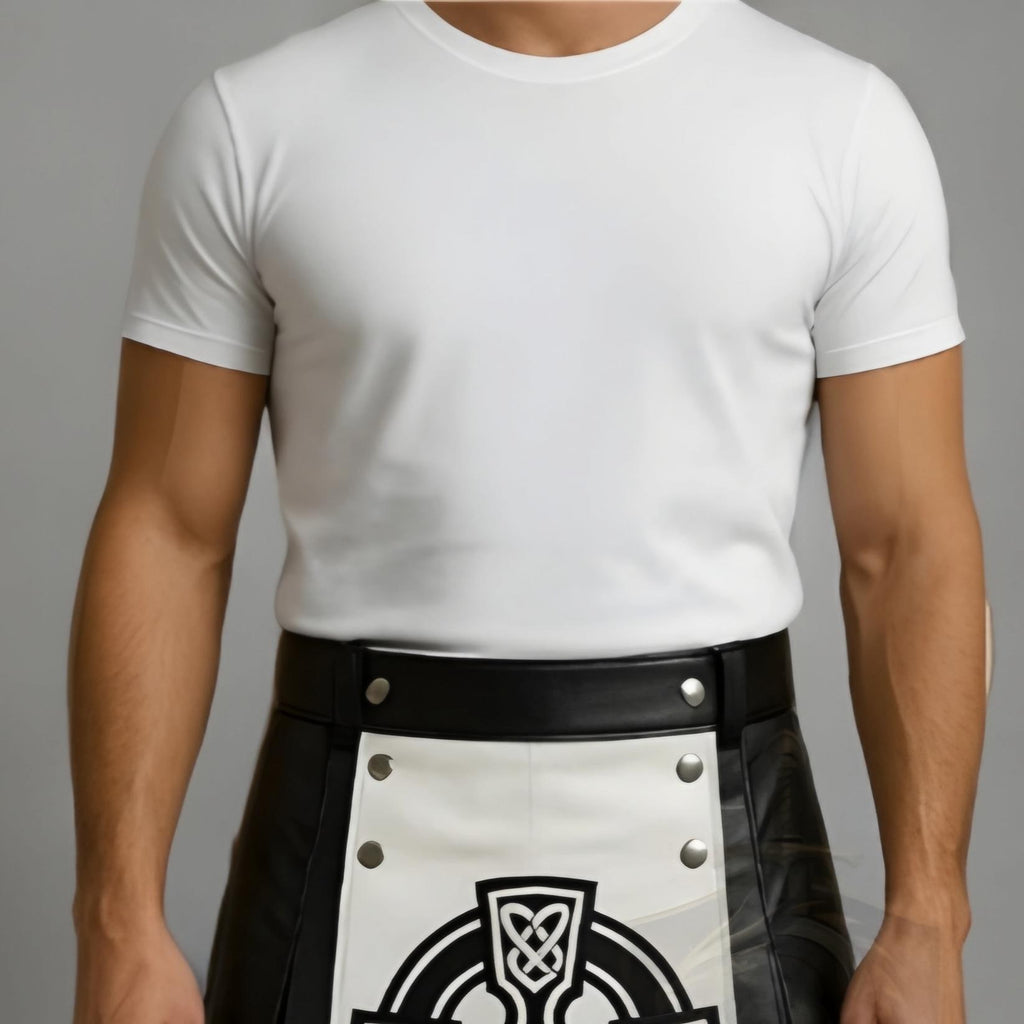Men's Black & White Leather Kilt with Celtic Cross – Gothic Scottish Kilt - Verlain London