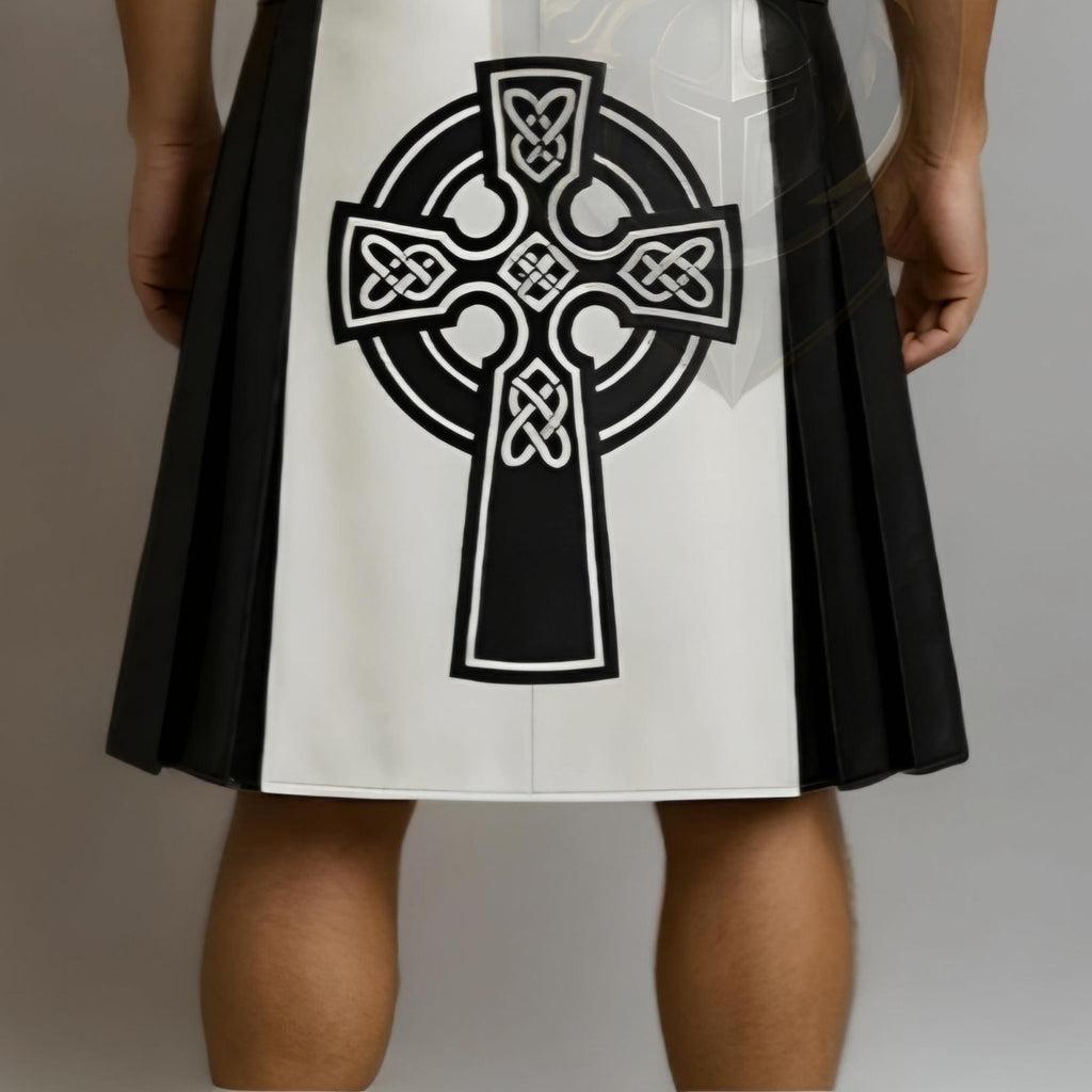 Men's Black & White Leather Kilt with Celtic Cross – Gothic Scottish Kilt - Verlain London