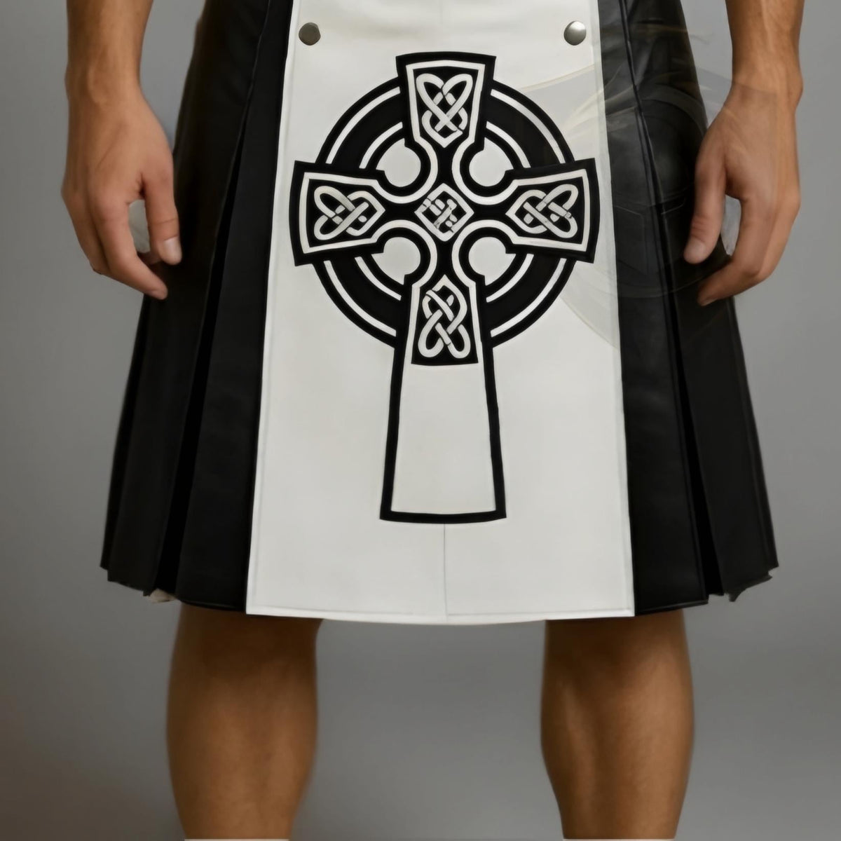 Men's Black & White Leather Kilt with Celtic Cross – Gothic Scottish Kilt - Verlain London