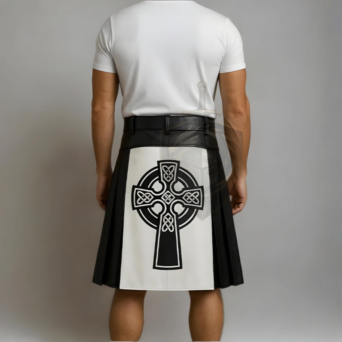 Men's Black & White Leather Kilt with Celtic Cross – Gothic Scottish Kilt - Verlain London