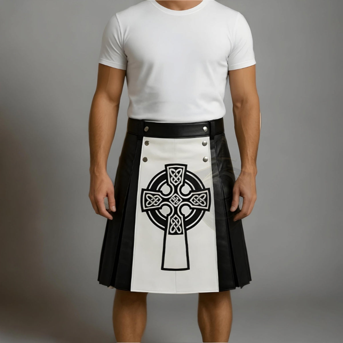 Men's Black & White Leather Kilt with Celtic Cross – Gothic Scottish Kilt - Verlain London