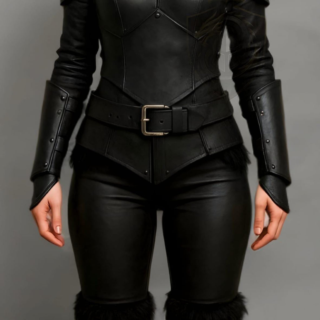 Black Hooded Leather Armor Jacket with Fur Trim Fant