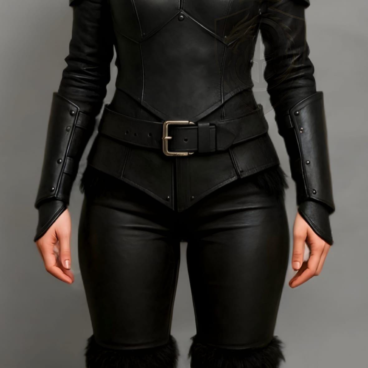 Black Hooded Leather Armor Jacket with Fur Trim Fant