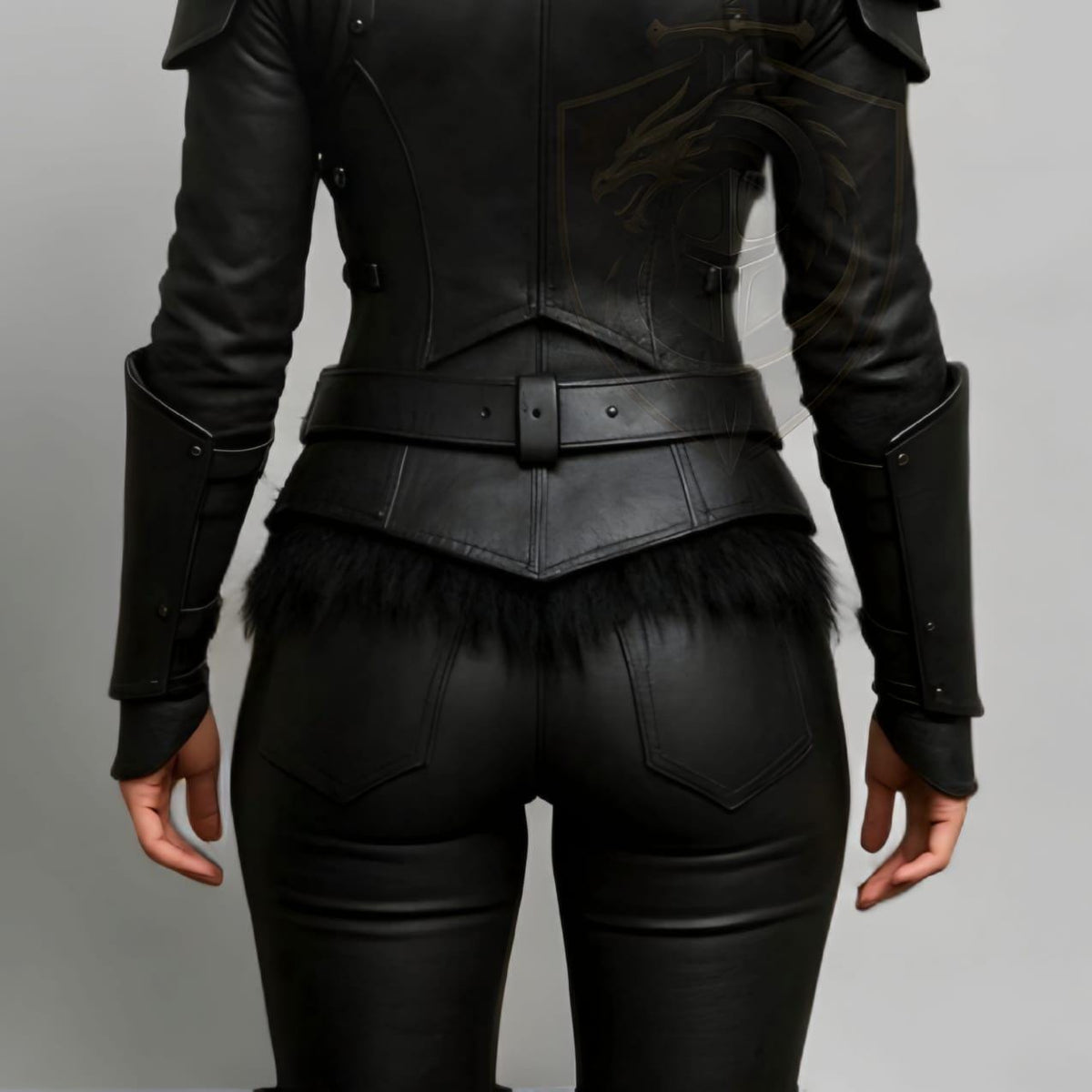 Black Hooded Leather Armor Jacket with Fur Trim Fant