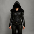 Black Hooded Leather Armor Jacket with Fur Trim Fant