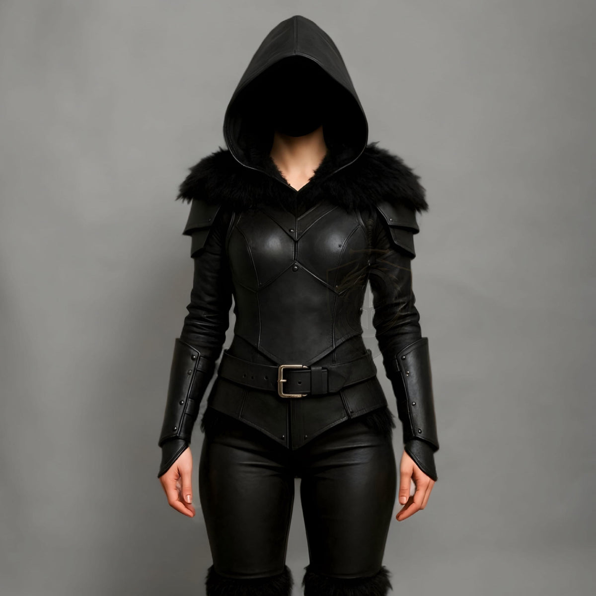 Black Hooded Leather Armor Jacket with Fur Trim Fant