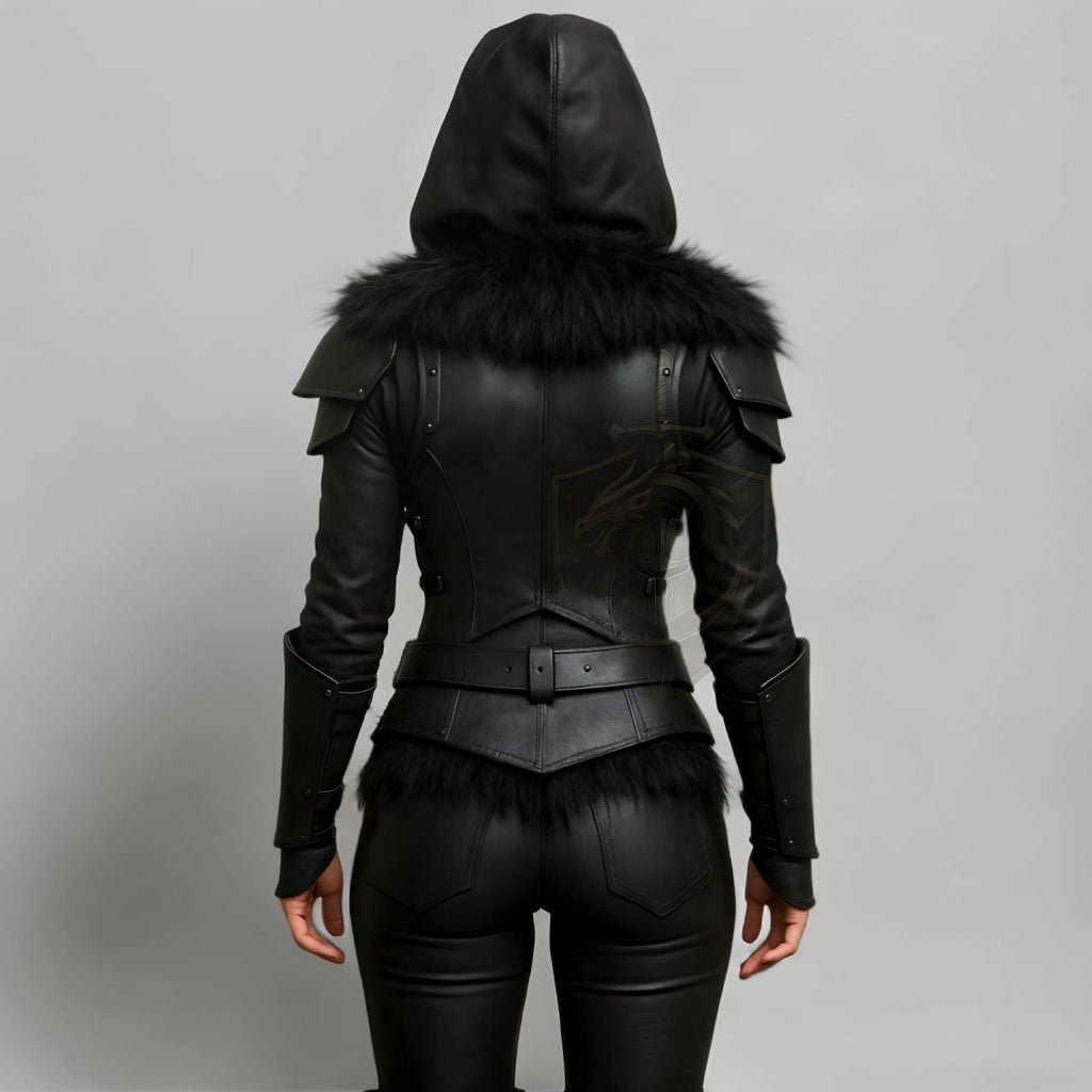 Black Hooded Leather Armor Jacket with Fur Trim Fant