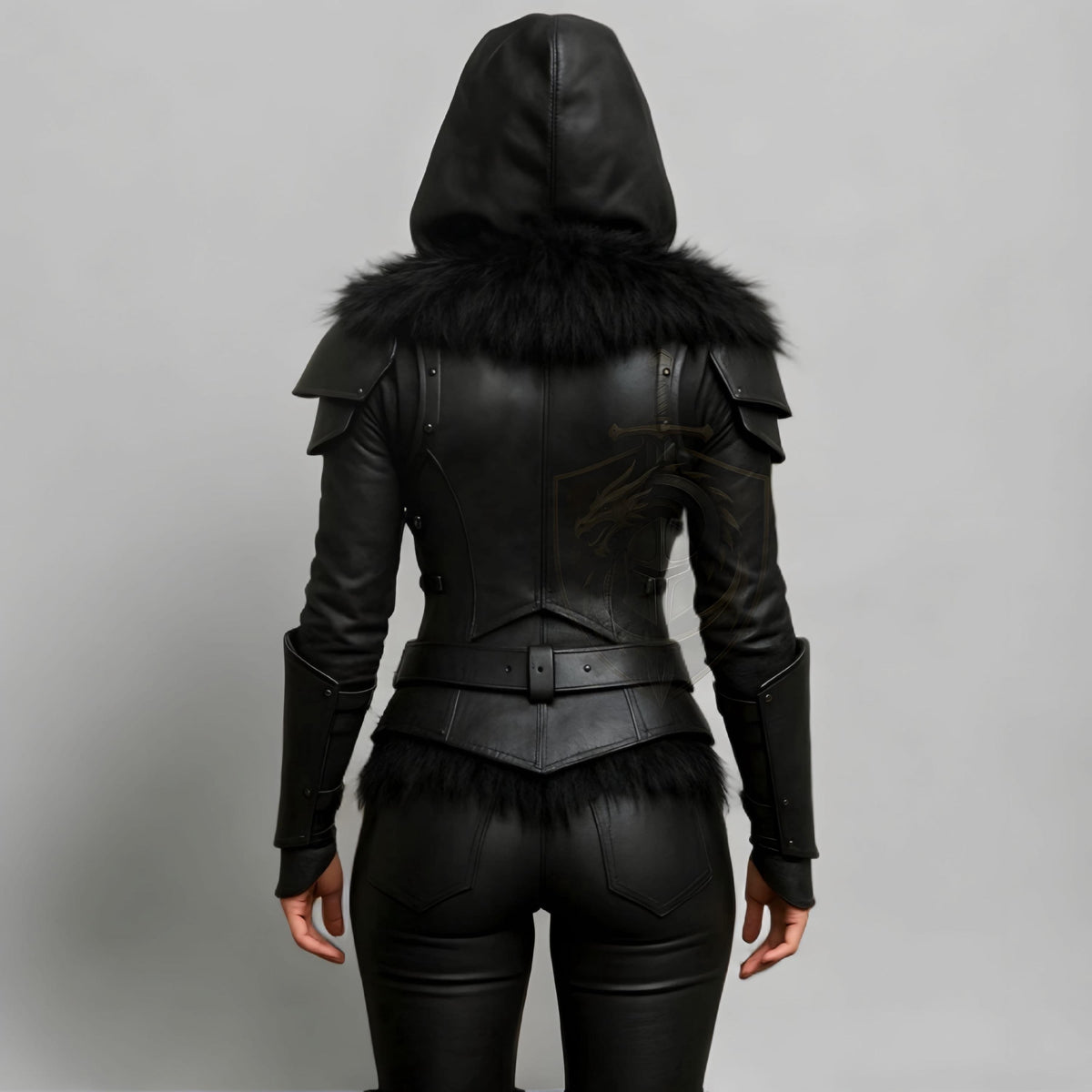 Black Hooded Leather Armor Jacket with Fur Trim Fant