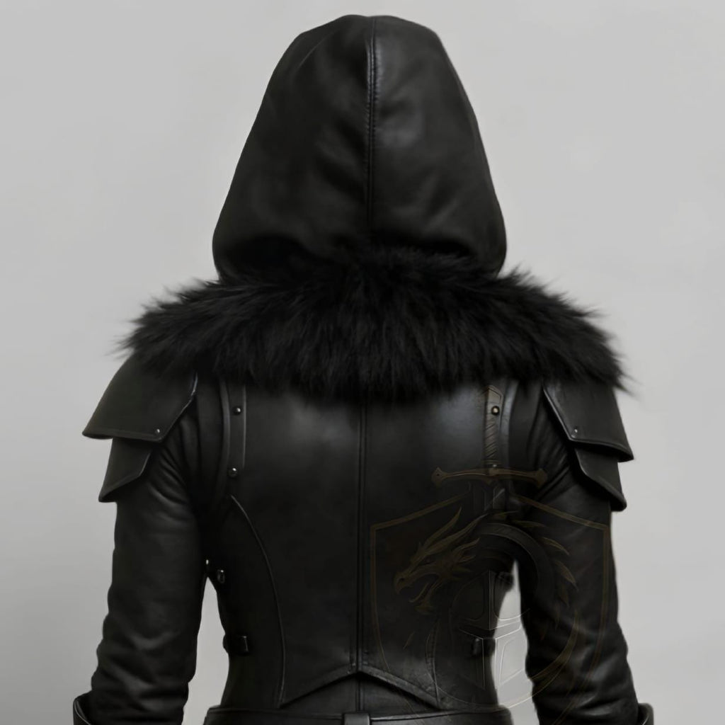 Black Hooded Leather Armor Jacket with Fur Trim Fant