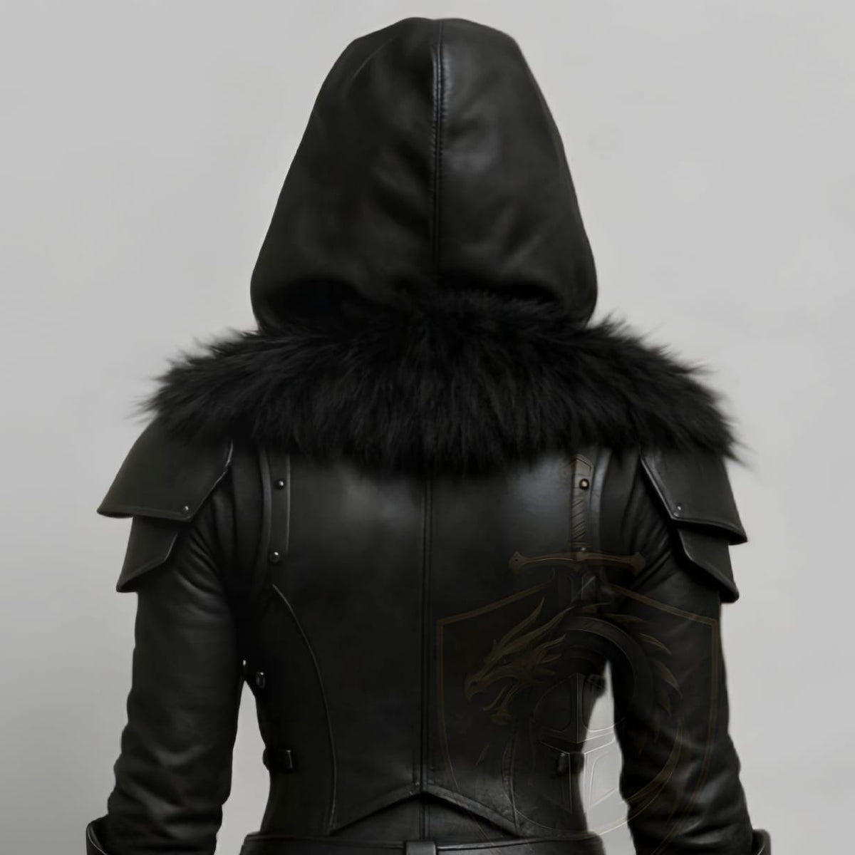 Black Hooded Leather Armor Jacket with Fur Trim Fant