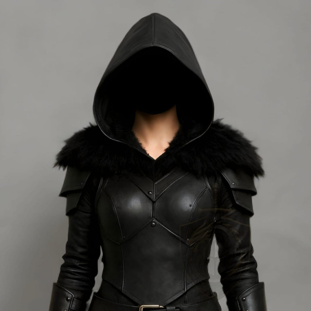 Black Hooded Leather Armor Jacket with Fur Trim Fant